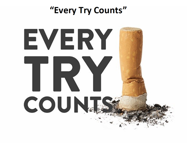 Every Try Counts campaign logo. Every try counts is in dark gray text and there is an image of a crushed out cigarette butt next to the words.